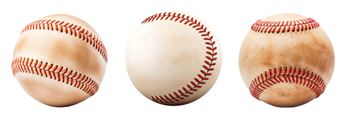 Three baseballs with red stitching on a white background Set of png elements.