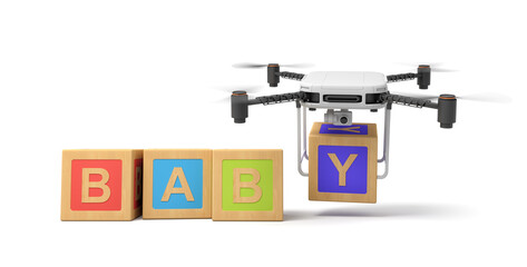 3d rendering of four colorful ABC blocks and drone