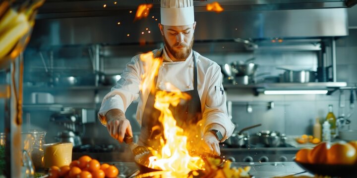 A professional chef, chef style, he works in a modern kitchen with ingredients all around him.