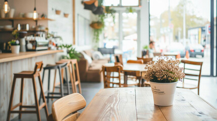 A restaurant with a table and chairs, a potted plant on the table