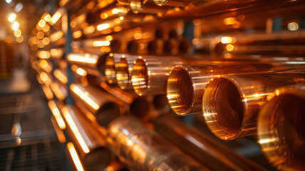 Rows of copper pipes with reflections. - obrazy, fototapety, plakaty