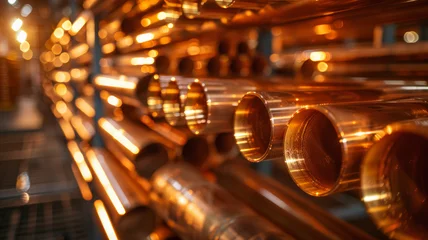Foto op Plexiglas Rows of copper pipes with reflections. © SashaMagic