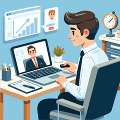illustration of a businessman having an online meeting with the boss