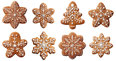 A row of gingerbread cookies with snowflakes and trees on them Set of png elements.