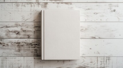 minimalist leather journal mockup, top view of white leather-bound diary on hazy pale wood table