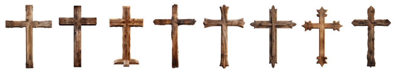 A row of wooden crosses are lined up in a row Set of png elements.