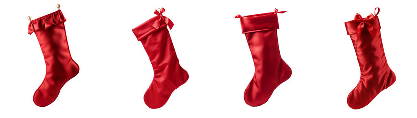 Four red stockings with bows on them Set of png elements.