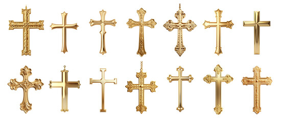 A row of gold cross pendants are displayed on a white background Set of png elements.