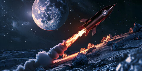 Rocket launch with view of the moon in the night sky .View of futuristic space rocket