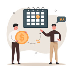 Taxes illustration. Сharacter calculates the percentage of tax that must be paid on the income. Сharacter with a magnifying glass. Taxation planning concept. Taxation concept. Vector illustration