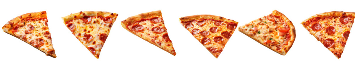 A row of pizza slices with pepperoni on them Set of png elements.