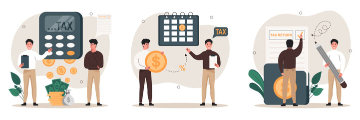 Taxes illustration set. Сharacter fills out a tax return, calculates the tax percentage by quarter and pays the tax. Taxation planning concept. Vector illustration.	
