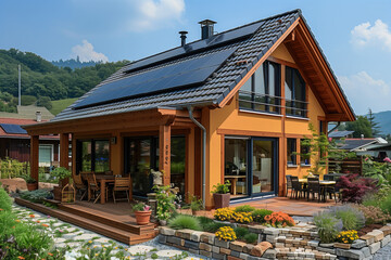 Wohnhaus mit Photovoltaik in idyllischer Landschaft.