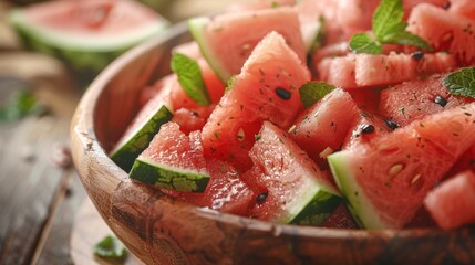 Fresh watermelon slices in rustic wooden bowl, juicy summer fruit snack