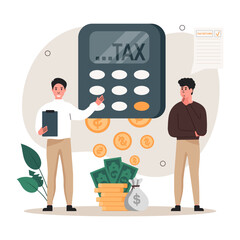Taxes illustration. Сharacter calculates the percentage of tax that must be paid on the income. Сharacter with a magnifying glass. Taxation planning concept. Taxation concept. Vector illustration