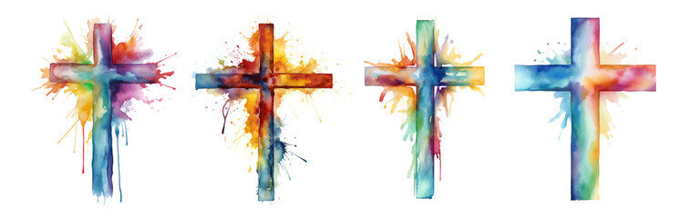 Four colorful crosses are splattered with paint, creating a vibrant Set of png elements.