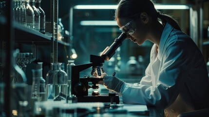 Woman scientist or expert in laboratory with research for sample analysis Medical trials or DNA tests Scientists with technological equipment for studying genes or health development