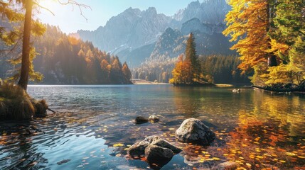 Beautiful autumn landscape of lake in front of mountains during sunset. AI generated image - obrazy, fototapety, plakaty