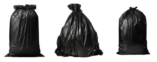 Three black trash bags are shown in a row Set of png elements.