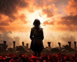 A poignant silhouette of a young girl praying at a war memorial, her figure set against a field of flags, highlighting remembrance and respect