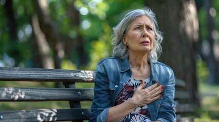 Elderly woman, heart attack and pain in park, heart risk or high blood pressure in nature