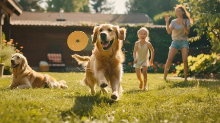 A family smiling golden retriever dog on the grass behind the house. A beautiful family has fun with their faithful pedigree dog outside in their summer backyard.