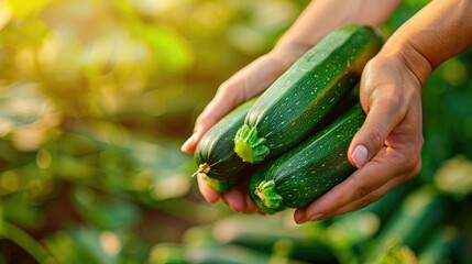A farmer holds ripe zucchini in his hands against the backdrop of a vegetable garden with space for text.