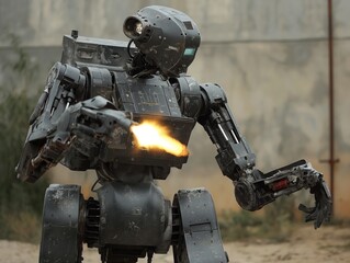 A robot is holding a gun and shooting a bullet. The robot is made of metal and has a menacing look on its face. The scene is set in a desolate area, with a wall in the background