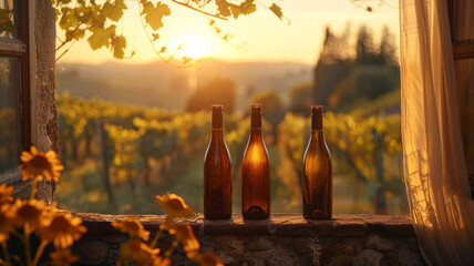 Three bottles on a wall overlooking a vineyard at sunset