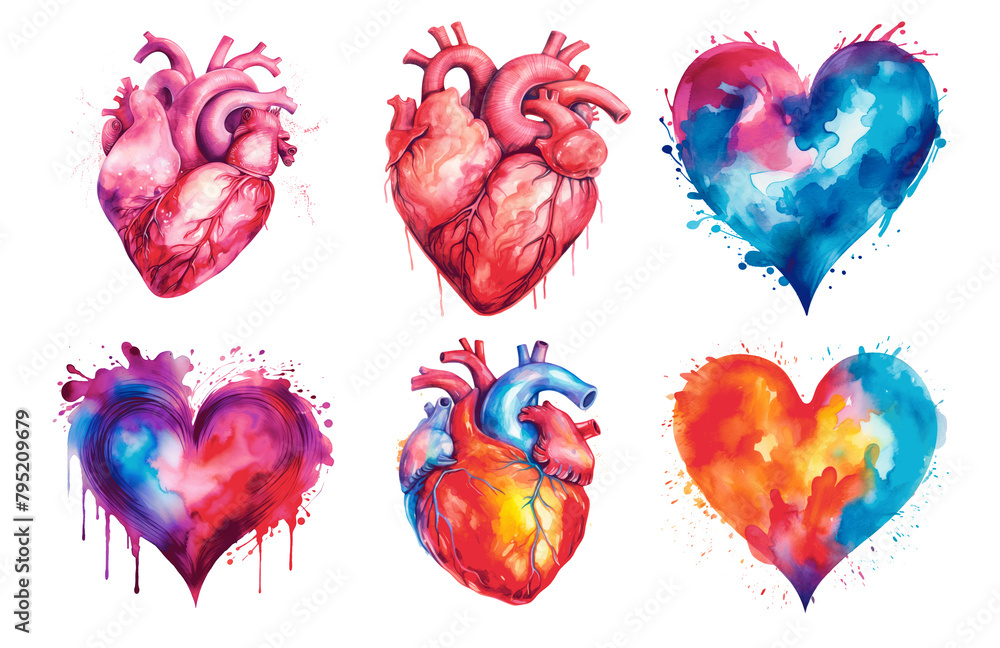 Poster a set of six hearts with different colors and patterns set of png elements.