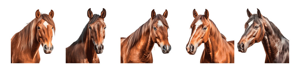 The image is a series of five horses with different shades of brown Set of png elements.