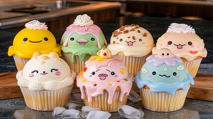 A row of cupcakes with cartoon faces on them