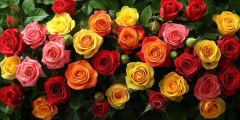 close up red yellow pink roses background, colorful roses