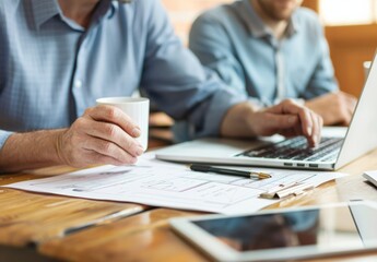 Fototapeta premium Concept for office collaboration and project planning. Two colleagues discussing work at the workplace with a cup of coffee, utilizing a laptop and documents. Teamwork, business meeting