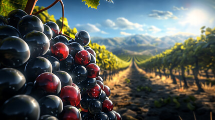 A sun-drenched vineyard in Napa Valley, California, during harvest time, with rows of grapevines...