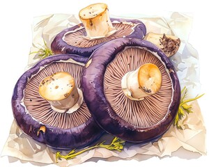 A vibrant depiction of Portobello mushrooms on a kitchen table, ready for cooking, deep umbers and soft grays, white background, vivid watercolor, 100 isolate