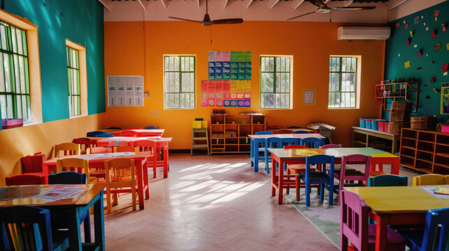 A brightly colored classroom with a large poster on the wall