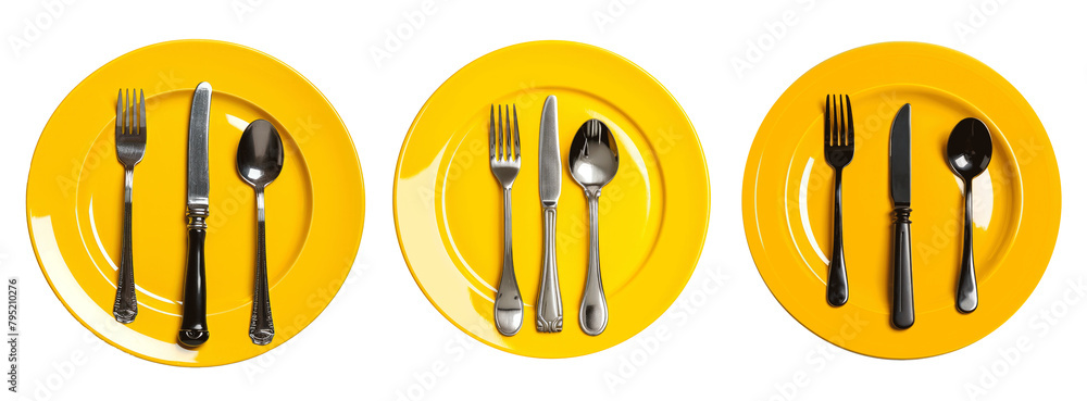 Poster three plates with different utensils on them set of png elements.