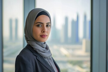 Business photo of saudi middle age woman architecture skyscraper headscarf.