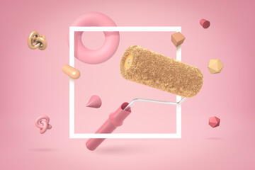3d rendering of paint roller with random objects on pink background