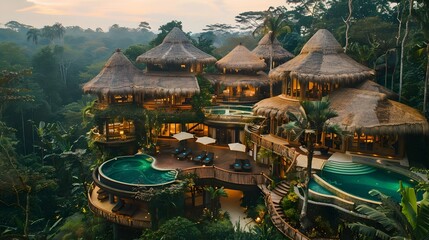 Aerial View of Luxurious Thatched Roof Villas and Pools Nestled in Lush Tropical Jungle Retreat