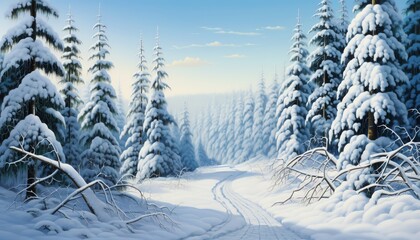 A winter scene showing a row of evergreen trees heavy with snow, forming a quiet, whitelined path through a tranquil forest