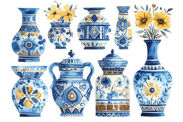 An elegant portrayal of traditional Cinco de Mayo pottery, Talavera vases and dishes painted with colorful, intricate patterns, artisan blues and earth tones, vivid watercolor, white background, isola