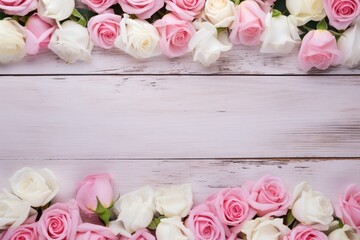 Top view of a border made of pink and white roses on a rustic wooden background, ideal for romantic occasions. Rose Border on Wooden Background Top View