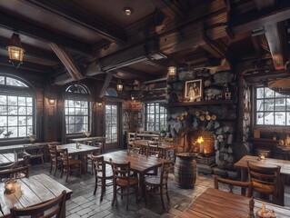 A cozy restaurant with wooden tables and chairs, and a fireplace. The atmosphere is warm and inviting, perfect for a meal or a gathering with friends and family