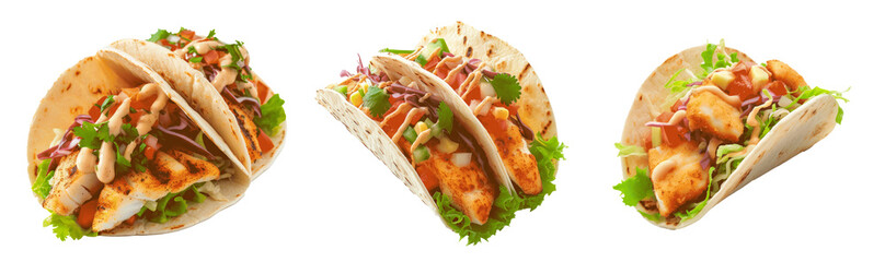 Three tacos with different fillings and toppings Set of png elements.