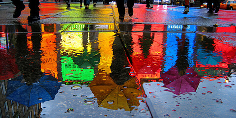 A colorful reflection of umbrellas on a wet street