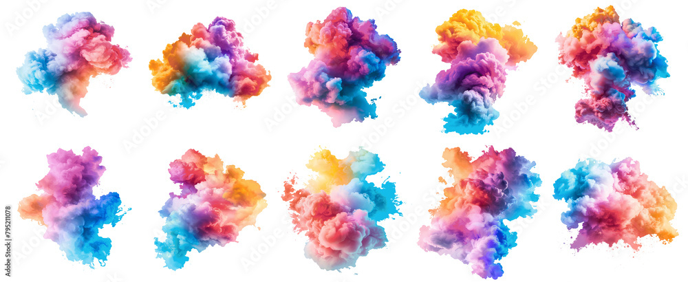 Wall mural a series of colorful clouds with a variety of hues set of png elements.