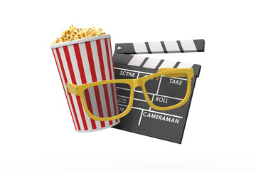 Popcorn and clapperboard with yellow glasses