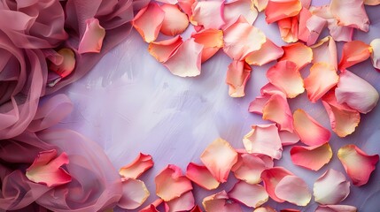 Rose petals on plain background, dried rose petals on grunge background, vibrant and bright rose petals